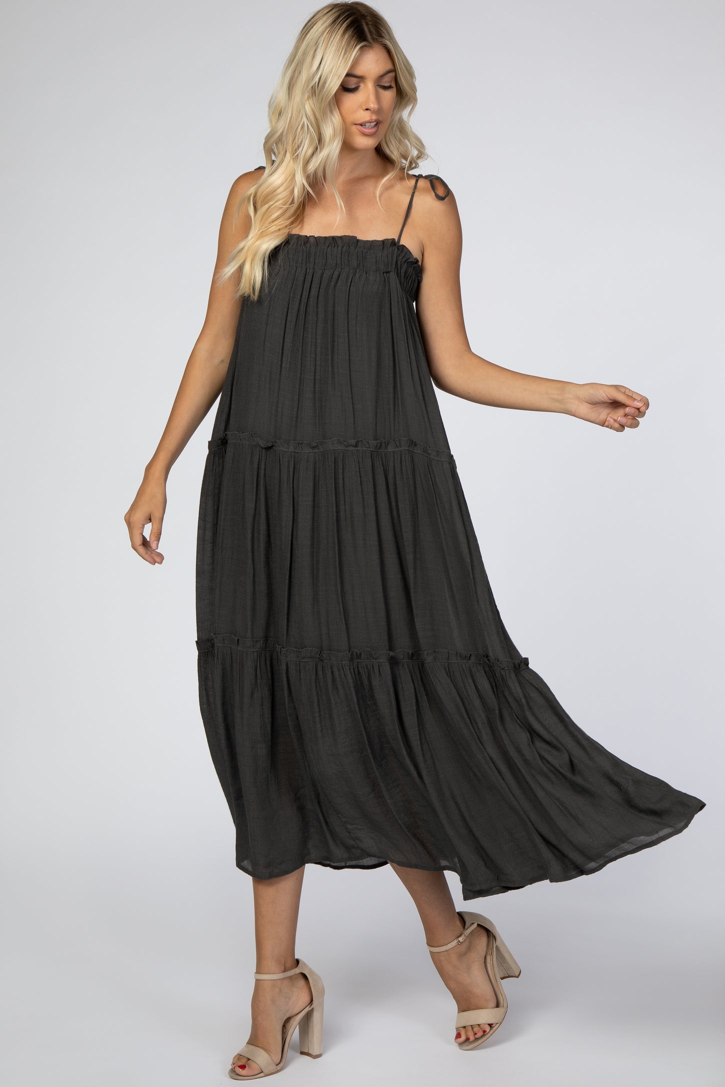 Charcoal Tie Strap Ruffle Maternity Maxi Dress