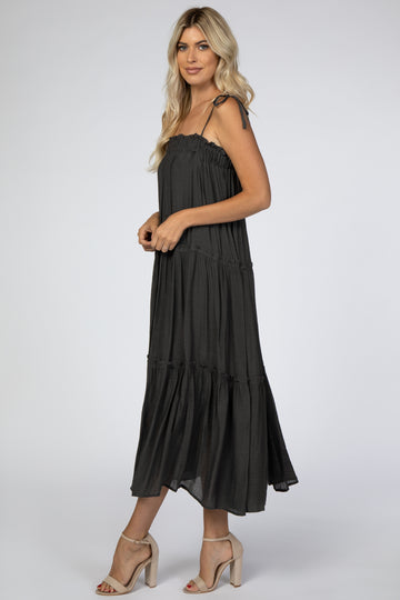 Charcoal Tie Strap Ruffle Maxi Dress