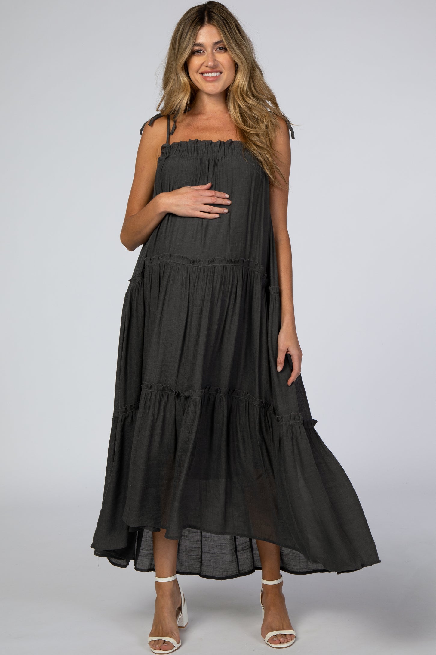 Charcoal Tie Strap Ruffle Maternity Maxi Dress