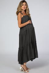 Charcoal Tie Strap Ruffle Maternity Maxi Dress