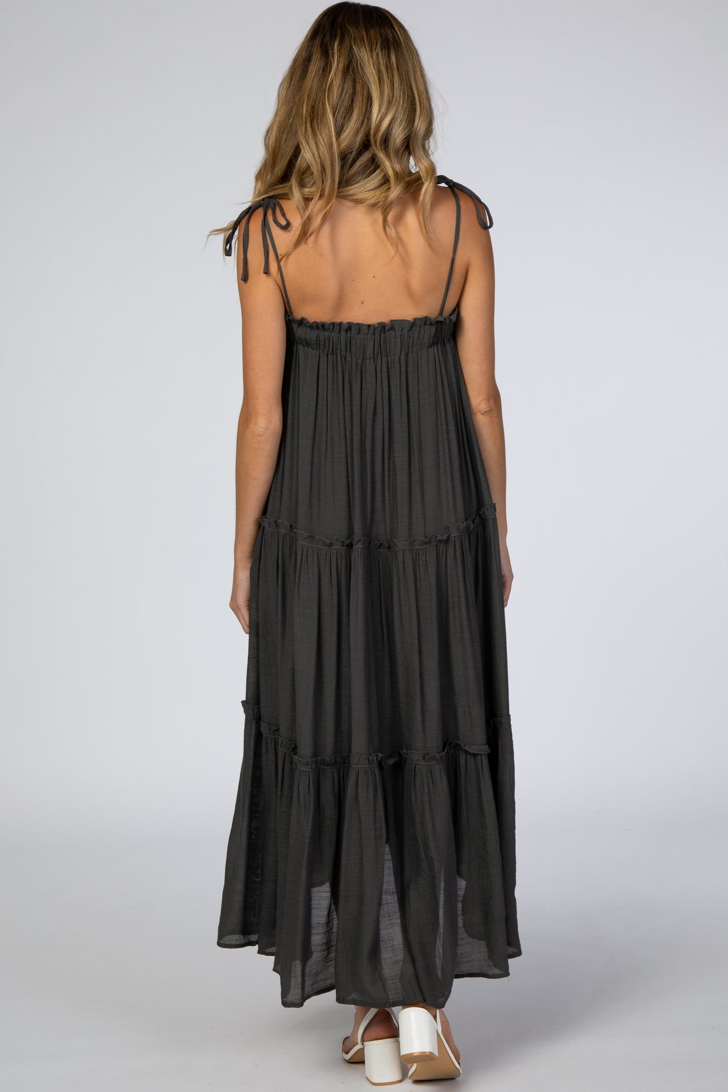 Charcoal Tie Strap Ruffle Maternity Maxi Dress