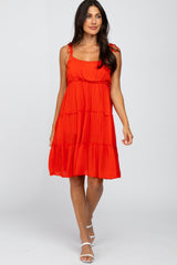 Red Tiered Shoulder Tie Maternity Dress