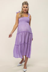 Lavender Shoulder Tie Tiered Maternity Midi Dress