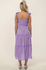 Lavender Shoulder Tie Tiered Maternity Midi Dress