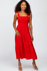 Red Shoulder Tie Tiered Midi Dress