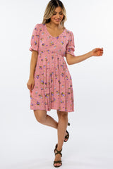 Pink Floral Puff Sleeve Maternity Dress