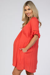 Coral Lace Ruffle Sleeve Maternity Babydoll Dress