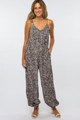 Black Leaf Print Shoulder Tie Maternity Jumpsuit
