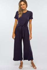 Navy Ribbed Knot Tie Cropped Maternity Jumpsuit