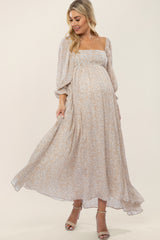 Beige Chiffon Printed Square Neck Empire Maternity Maxi Dress