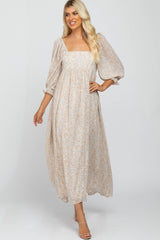 Beige Chiffon Printed Square Neck Empire Maternity Maxi Dress