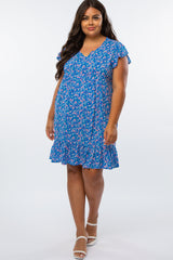 Blue Floral Ruffle Sleeve Plus Dress