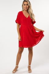 Red V-Neck Swiss Dot Maternity Dress