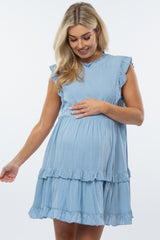 Light Blue Mock Neck Tiered Maternity Dress
