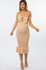 Peach Gingham Bow Front Fitted Maternity Dress
