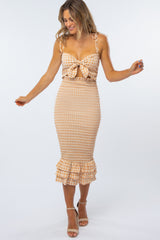 Peach Gingham Bow Front Fitted Maternity Dress