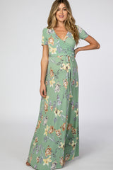 Light Olive Floral Maternity Wrap Dress