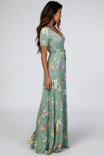 Light Olive Floral Wrap Dress