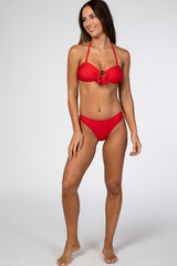 Red Halter Front Tied Circle Cutout Bikini Set
