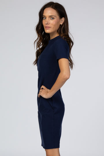 Navy Ribbed Ruched Side Fitted Short Sleeve Dress