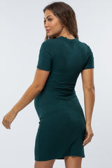 Forest Green Ribbed Ruched Side Fitted Short Sleeve Maternity Dress
