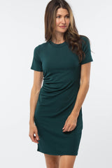 Forest Green Ribbed Ruched Side Fitted Short Sleeve Maternity Dress