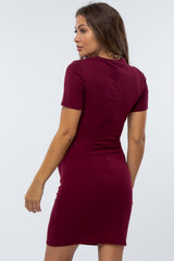 Burgundy Ribbed Ruched Side Fitted Short Sleeve Maternity Dress