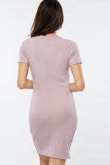 Lavender Ribbed Ruched Side Fitted Short Sleeve Dress