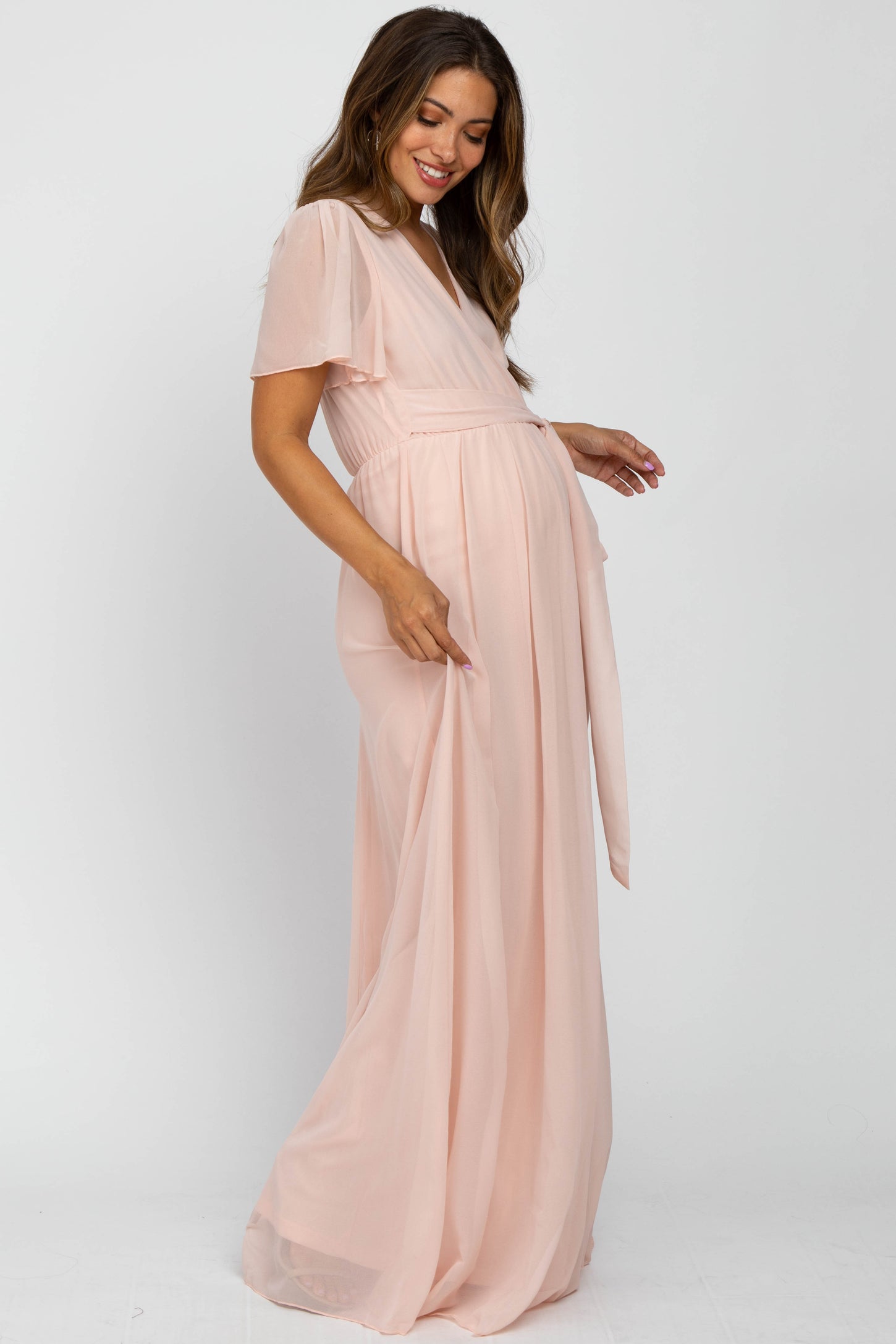 Light Pink Chiffon Short Sleeve Maternity Maxi Dress PinkBlush Light Pink Chiffon Short Sleeve Maternity Maxi Dress PinkBlush
