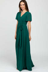 Forest Green Chiffon Short Sleeve Maxi Dress