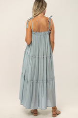 Light Blue Tie Strap Ruffle Maternity Maxi Dress