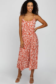 Red Floral Sleeveless Pleated Maxi Dress