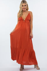 Rust Deep V-Neckline Maternity Maxi Dress