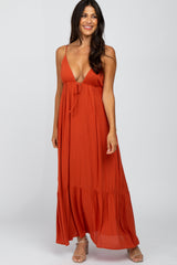 Rust Deep V-Neckline Maternity Maxi Dress