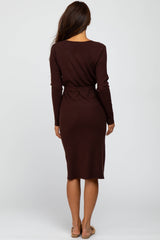 Brown Tie Front Sweater Midi Dress