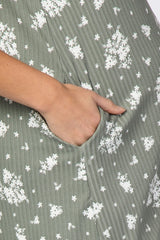 Light Olive Ribbed Floral Mock Neck Maternity Dress