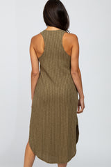 Olive Ribbed V-Neck Round Hem Midi Dress