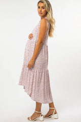 Mauve Printed Ruffle Hem Hi-Low Maternity Midi Dress