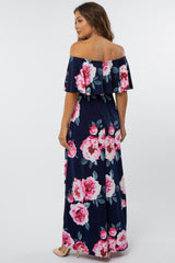 Navy Floral Off Shoulder Flounce Maternity Maxi Dress