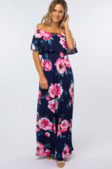 Navy Floral Off Shoulder Flounce Maternity Maxi Dress