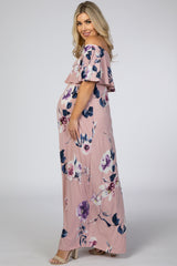 Mauve Floral Flounce Off Shoulder Maternity Maxi Dress