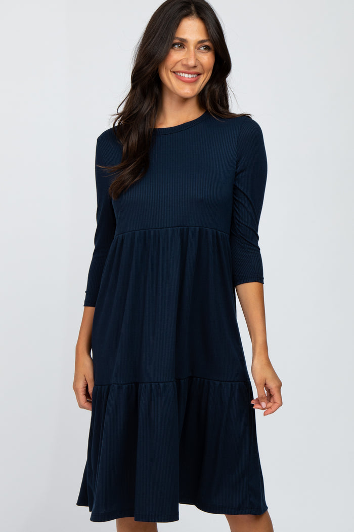 Navy Tiered Ribbed 3/4 Sleeve Midi Dress