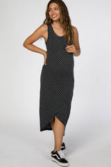 Black Striped Wrap Hem Maternity Midi Dress