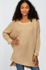 Beige Hi Low Side Slit Cuff Sleeve Maternity Sweater