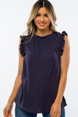 Navy Sleeveless Ruffle Accent Maternity Top