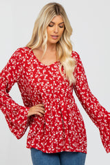 Red Floral Bell Sleeve Maternity Top