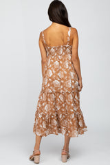 Camel Floral Square Neck Smocked Midi Dress
