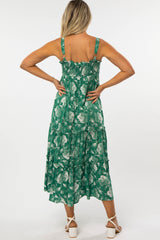 Green Floral Square Neck Smocked Maternity Midi Dress