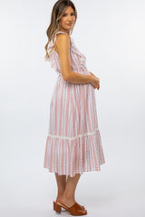 Pink Floral Striped Ruffle Front Maternity Midi Dress