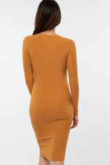 Camel Ribbed Fitted Long Sleeve Dress